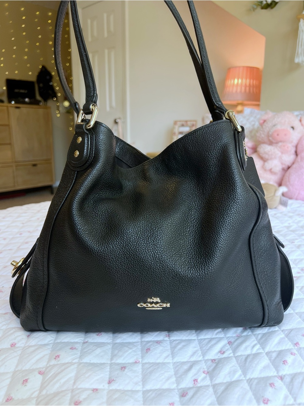 Vintage Coach Edie 31 Black Pebbled Leather Shoulder Bag Gold Hardware